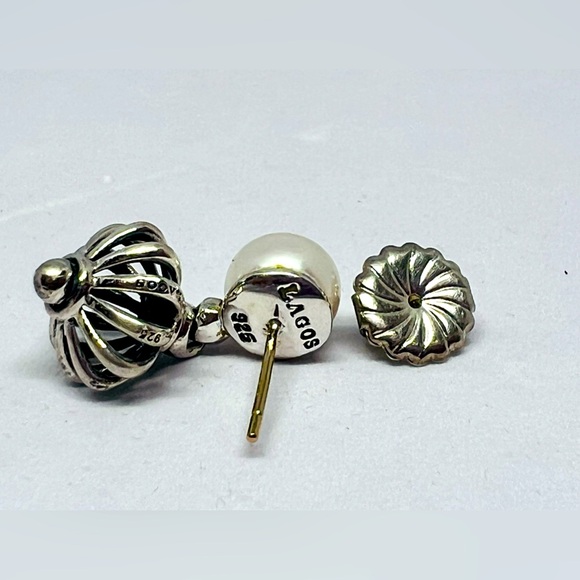 Lagos Caviar 8.5 mm Pearl Stud Drop Dangle Fluted Sterling silver Earrings .925 - Picture 7 of 13